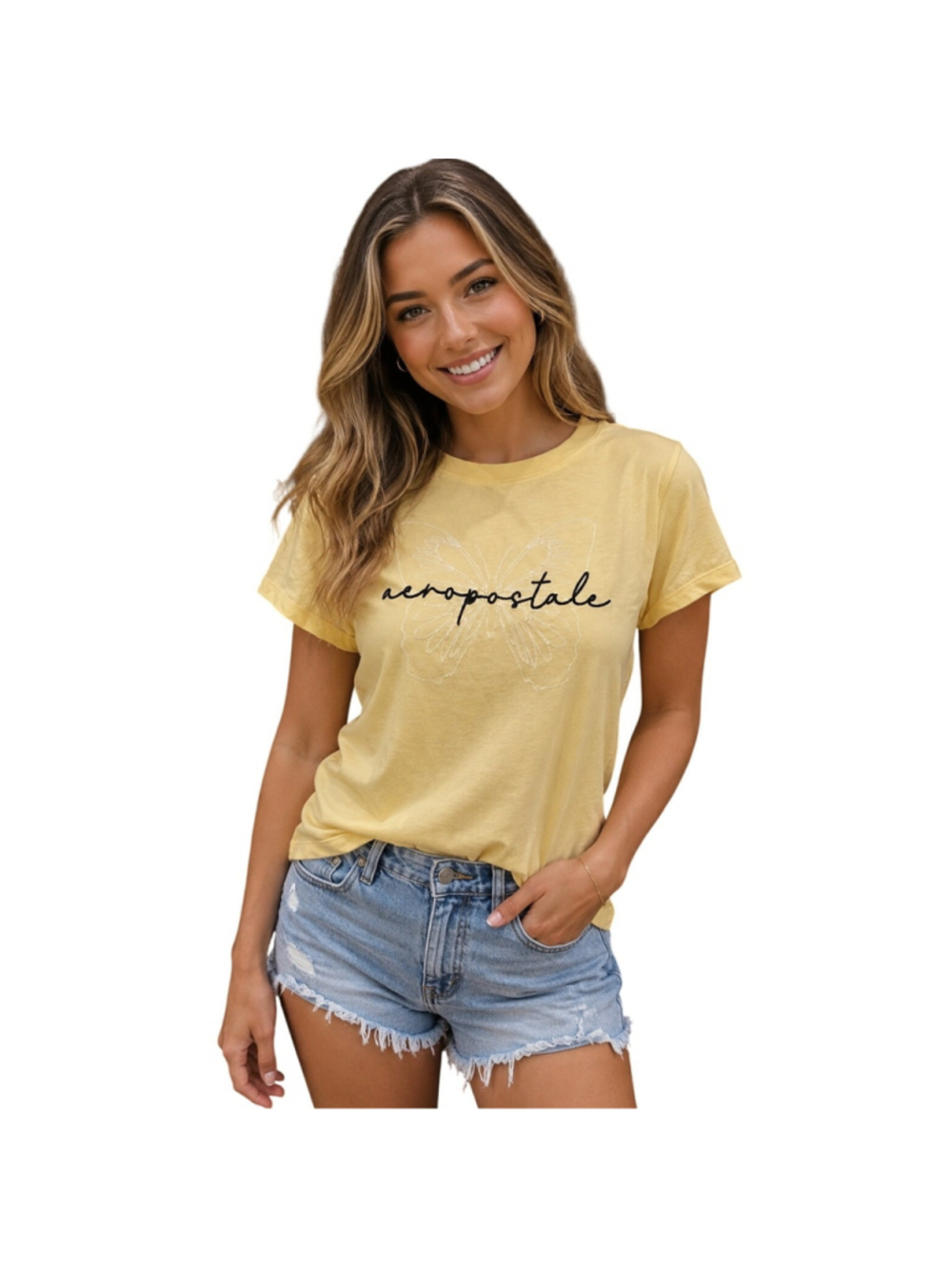NWT nostalgia aeropostale light yellow spell out soft stretch y2k butterfly M